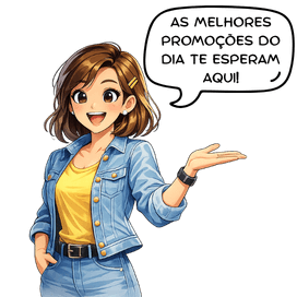 Mascote feminina do Manda Oferta indicando cupons diários no celular